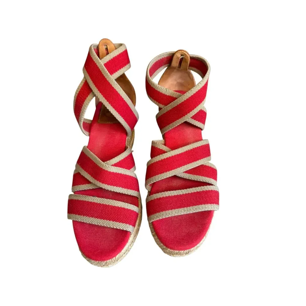 Tory Burch Canvas Wedge Espadrille Sandals Red Tan 7